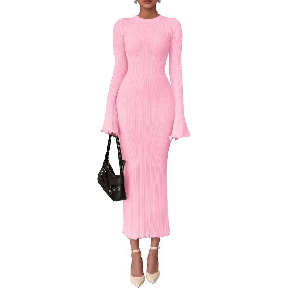 Women's Pink Fall Bell Long Sleeve Crew Neck Bodycon Sweater Maxi Dress